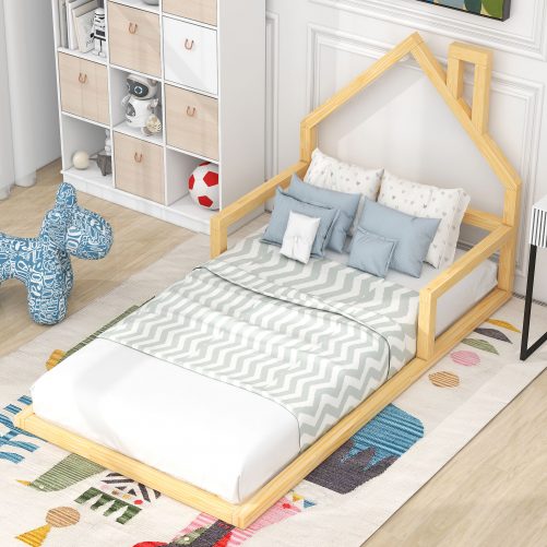 Wood Twin Size Floor Bed With House-Shaped Headboard