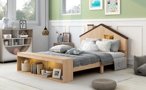 Wood Full Size House Platform Bed With LED Lights And Storage