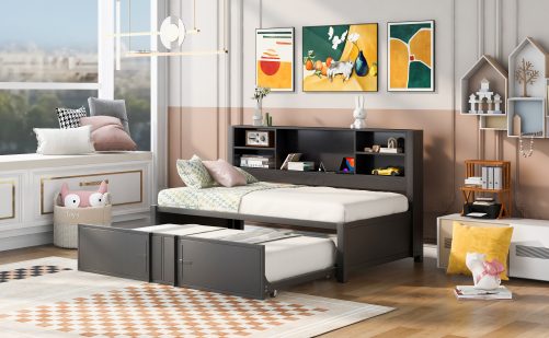 Twin Size Daybed with Twin Size Trundle, Storage Shelves and USB Ports