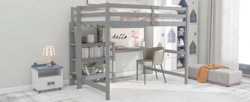 Wooden Twin Size Loft Bed With Shelves, Desk And Writing Board