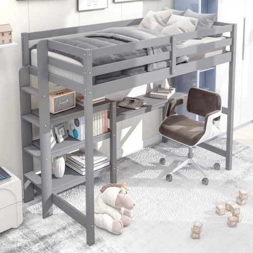 Wooden Full Size Loft Bed With Shelves, Desk And Writing Board