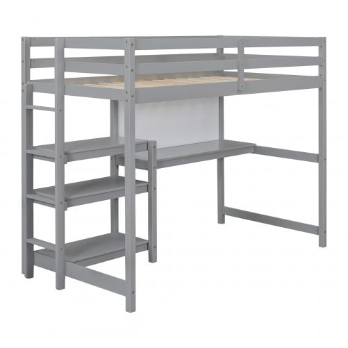 Wooden Twin Size Loft Bed With Shelves, Desk And Writing Board