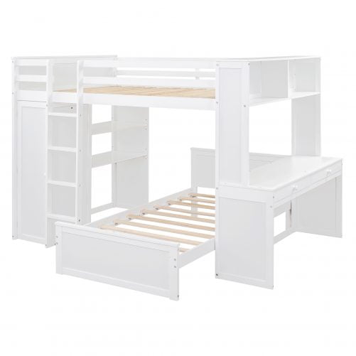 Full Size Loft Bed With A Twin Size Stand-Alone Bed, Shelves, Desk,and Wardrobe