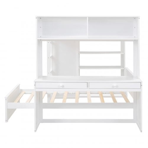 Full Size Loft Bed With A Twin Size Stand-Alone Bed, Shelves, Desk,and Wardrobe