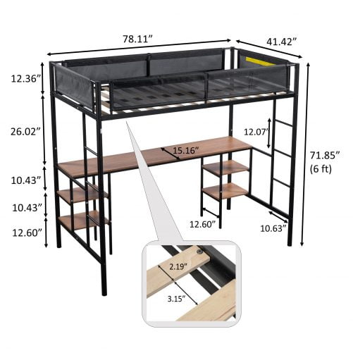 Metal Twin Size Loft Bed With Table, Wood Slat And Textilene Guardrail