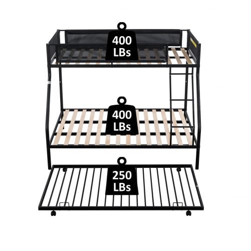 Metal Twin Over Full Bunk Bed With Trundle, Wood Slat And Textilene Guardrail