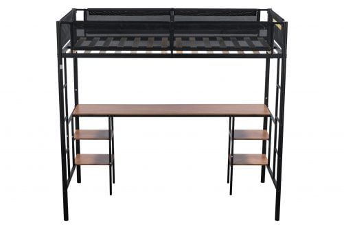 Metal Twin Size Loft Bed With Table, Wood Slat And Textilene Guardrail