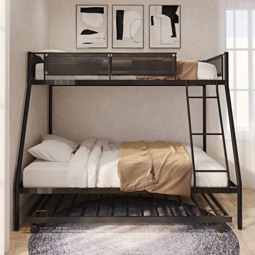 Metal Twin Over Full Bunk Bed With Trundle, Wood Slat And Textilene Guardrail