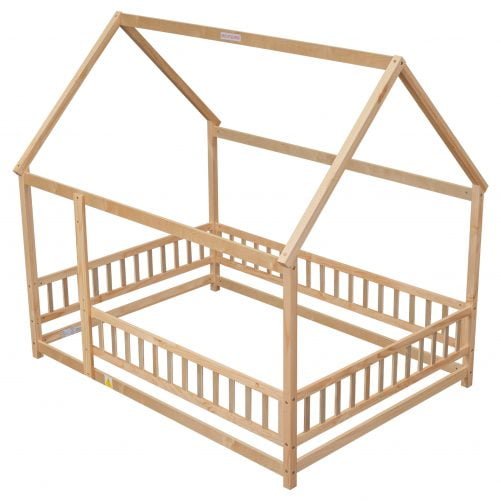 Wooden Full Size Floor Bed with House Roof Frame, Fence Guardrails