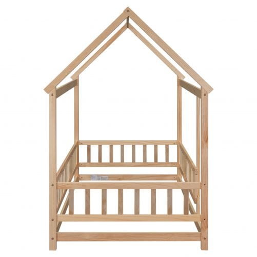 Wooden Twin Size Floor Bed with House Roof Frame, Fence Guardrails