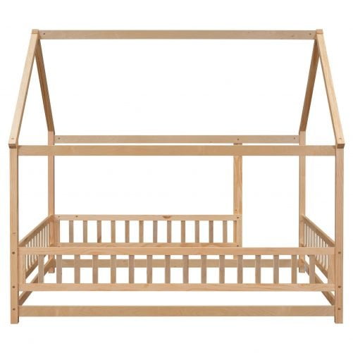 Wooden Full Size Floor Bed with House Roof Frame, Fence Guardrails