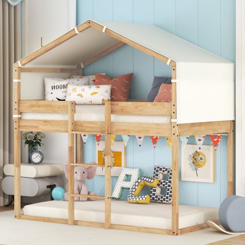 Wood Twin Over Twin Bunk Bed With Tent