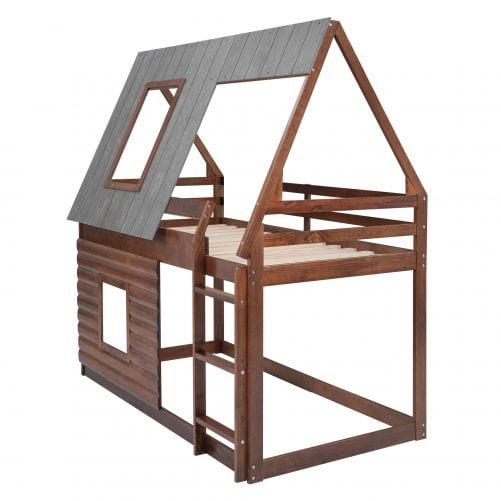 Wood Twin Size House Bunk Bed with Roof, Ladder and 2 Windows