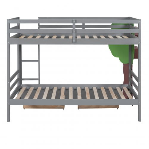Twin over Twin Bunk Bed With  A Tree Decor And Two Storage Drawers