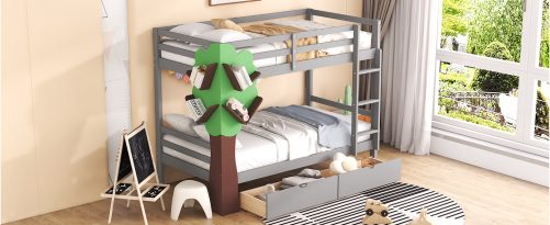 Twin over Twin Bunk Bed With  A Tree Decor And Two Storage Drawers