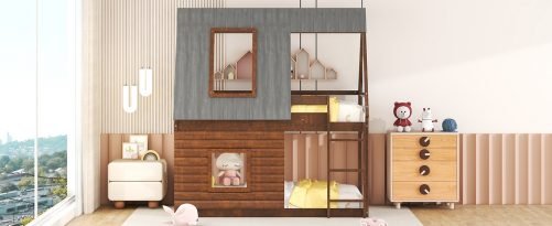 Wood Twin Size House Bunk Bed with Roof, Ladder and 2 Windows