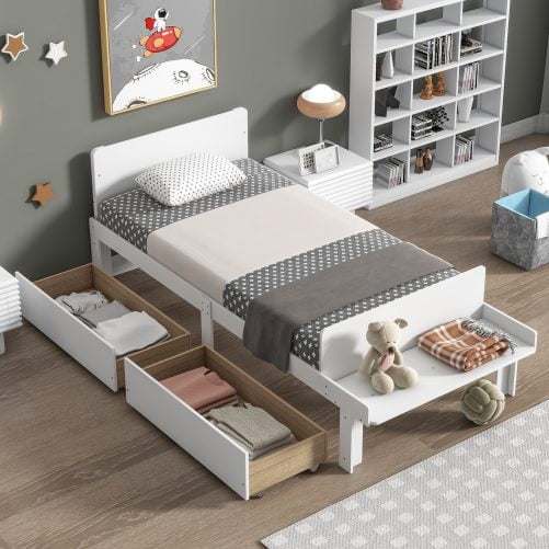 Wooden Twin Size Platform Bed With Footboard Bench and 2 Drawers