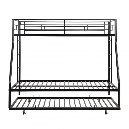 Metal Twin Over Full Bunk Bed With Twin Size Trundle, Two-Side Ladders