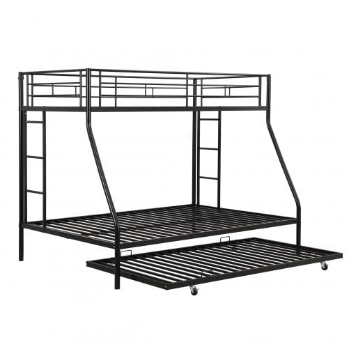 Metal Twin Over Full Bunk Bed With Twin Size Trundle, Two-Side Ladders