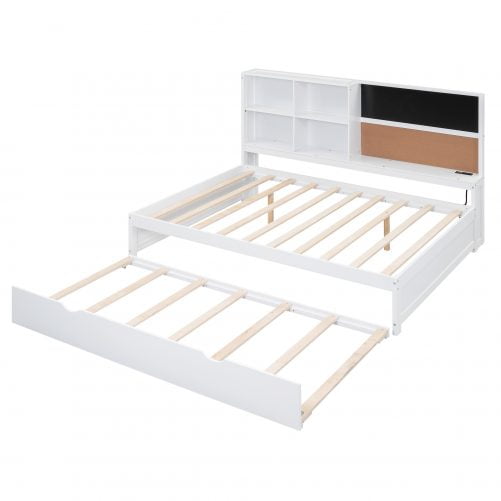 Full Size Daybed with Storage Shelves, Blackboard, Cork board, USB Ports and Twin Size Trundle
