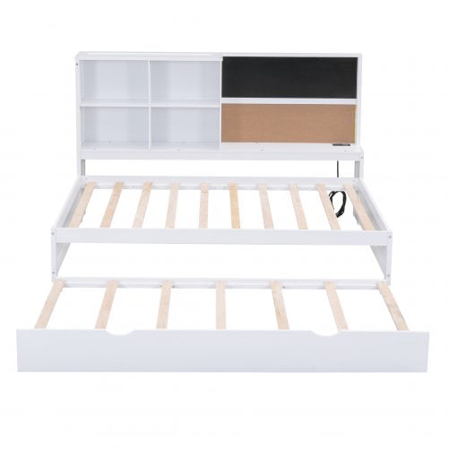 Twin Size Daybed with Storage Shelves, Blackboard, Cork board, USB Ports and Twin Size Trundle