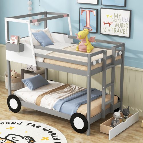 Car-Shaped Twin Over Twin Bunk Bed With Wheels, Drawers And Shelves