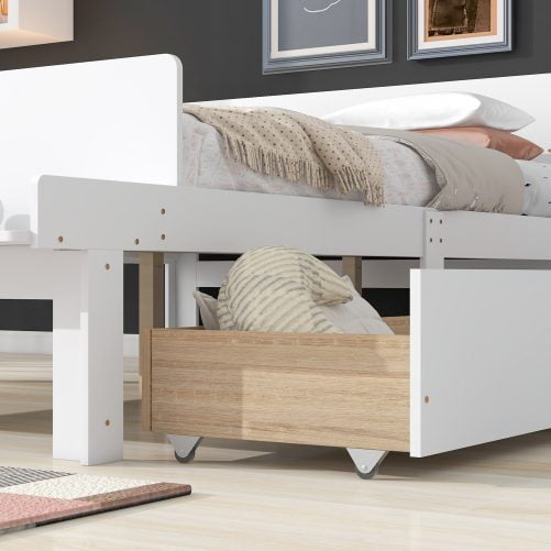Wooden Full Size Platform Bed With Footboard Bench and 2 Drawers