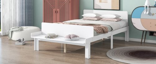 Wooden Full Size Platform Bed With Footboard Bench