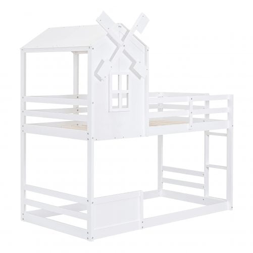Twin Over Twin Bunk Bed With Roof, Window, Guardrails And Ladder