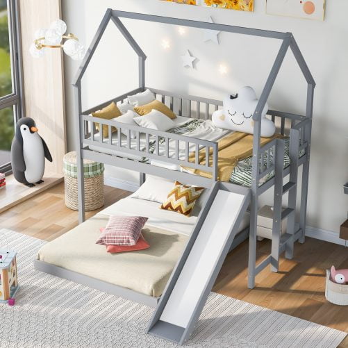 House Shape Twin Over Full Bunk Bed With Slide, Built-in Ladder And Full-Length Guardrail