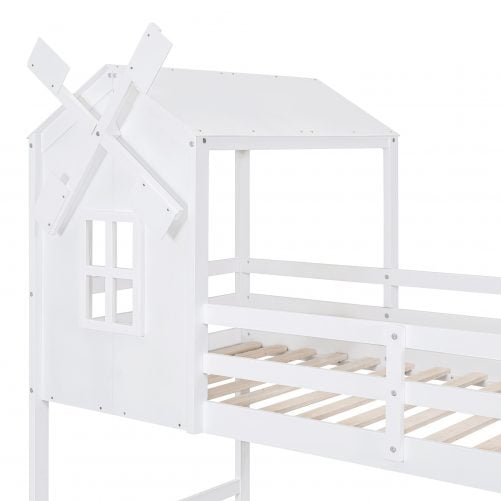 Twin Over Twin Bunk Bed With Roof, Window, Guardrails And Ladder