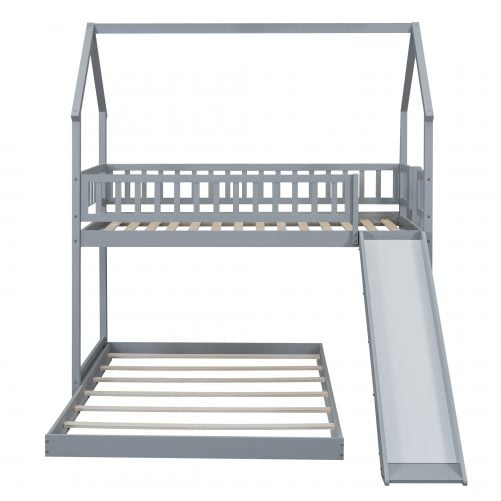 House Shape Twin Over Full Bunk Bed With Slide, Built-in Ladder And Full-Length Guardrail