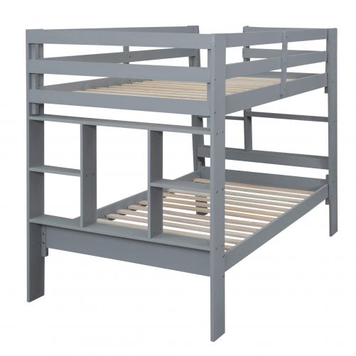 Wooden Twin Over Twin Bunk Bed With Shelves And Built-in Ladder