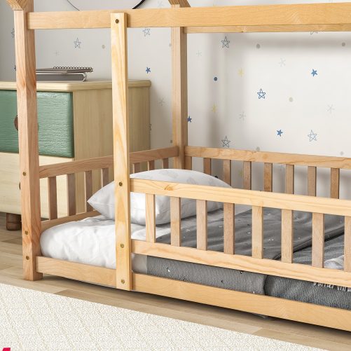 Wooden Twin Size Floor Bed with House Roof Frame, Fence Guardrails
