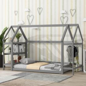 Twin House-Shaped Floor Bed With 2 Detachable Stands