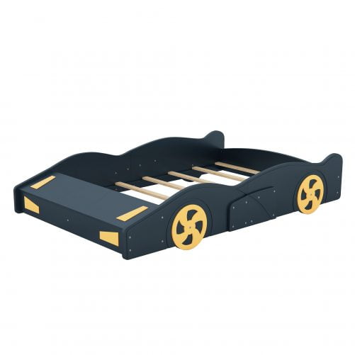 Full Size Race Car-Shaped Platform Bed with Wheels and Storage