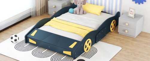 Full Size Race Car-Shaped Platform Bed with Wheels and Storage