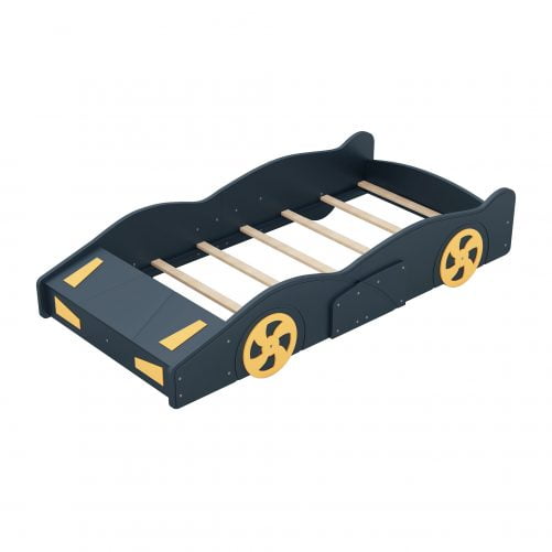 Twin Size Race Car-Shaped Platform Bed with Wheels and Storage