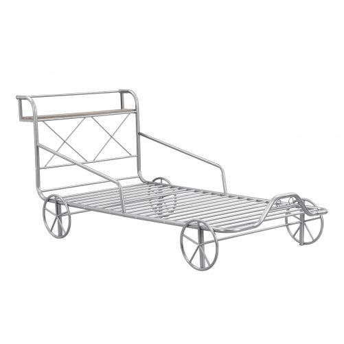 Metal Twin Size Car Bed With Four Wheels, Guardrails And  X-Shaped Frame Shelf
