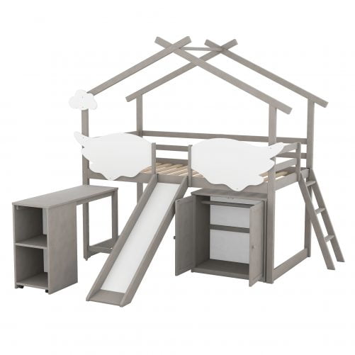 Twin Size House Bed with Wardrobe, Slide and Ladder, Wing-Shaped Fence, Pullable Desk with Storage