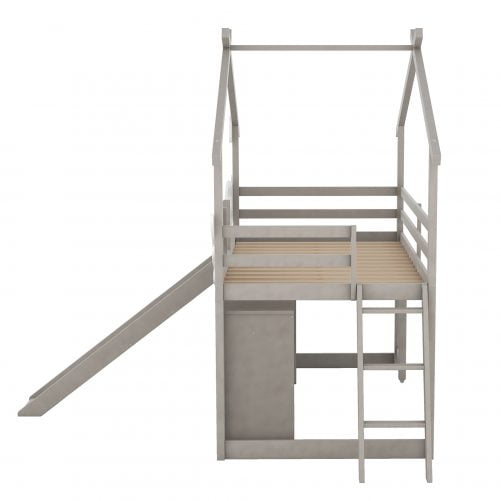 Twin Size House Bed with Wardrobe, Slide and Ladder, Wing-Shaped Fence, Pullable Desk with Storage