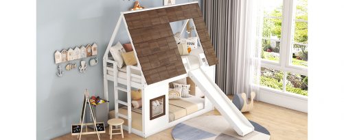 Wood Twin Size House Bunk Bed with Roof, Ladder and Slide