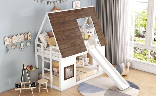Wood Twin Size House Bunk Bed with Roof, Ladder and Slide