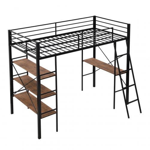 Metal Twin Size Loft Bed With Shelves And Desk