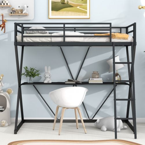 Twin Size Loft Bed with Desk, Ladder and Full-Length Guardrails, X-Shaped Frame