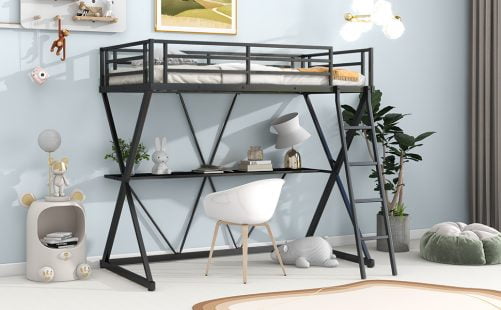 Twin Size Loft Bed with Desk, Ladder and Full-Length Guardrails, X-Shaped Frame