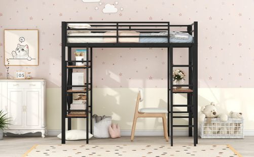 Metal Twin Size Loft Bed With Shelves And Desk