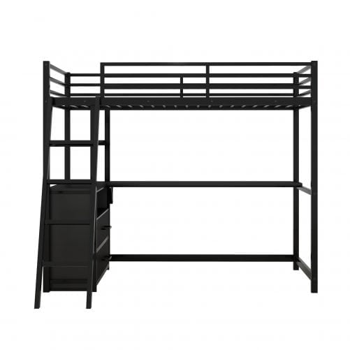 Metal&Wood Twin Size Loft Bed With Desk And Shelves, Two Built-in Drawers