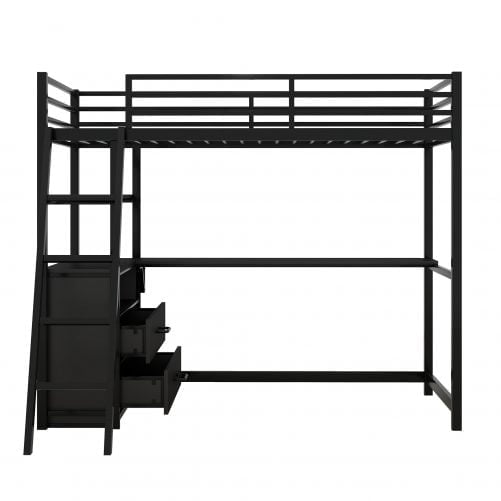 Metal&Wood Twin Size Loft Bed With Desk And Shelves, Two Built-in Drawers