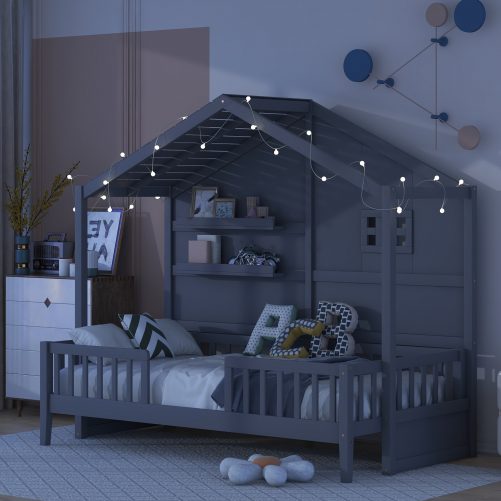 Twin Size House Bed With Shelves, Window And Sparkling Light Strip On The Roof